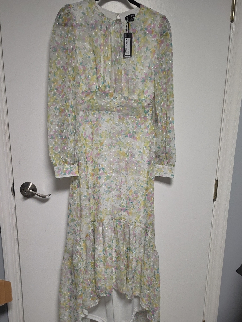 NWT Yellow Floral Drop Hem Rouched Maxi High Low Dress Size 4